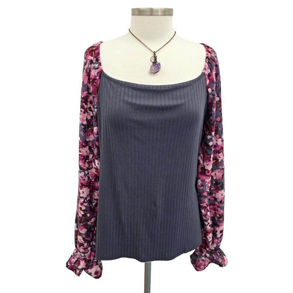 Haptics Womens Long Balloon Sleeve Floral‎ Blouse Plus Size 3X Pink Gray Ribbed